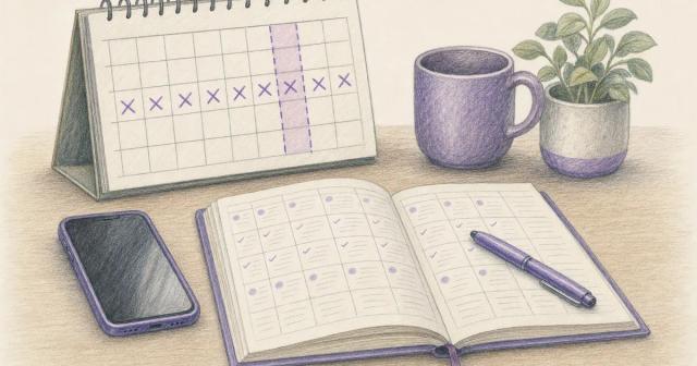 Wall calendar past a two-week line beside a phone and open logbook