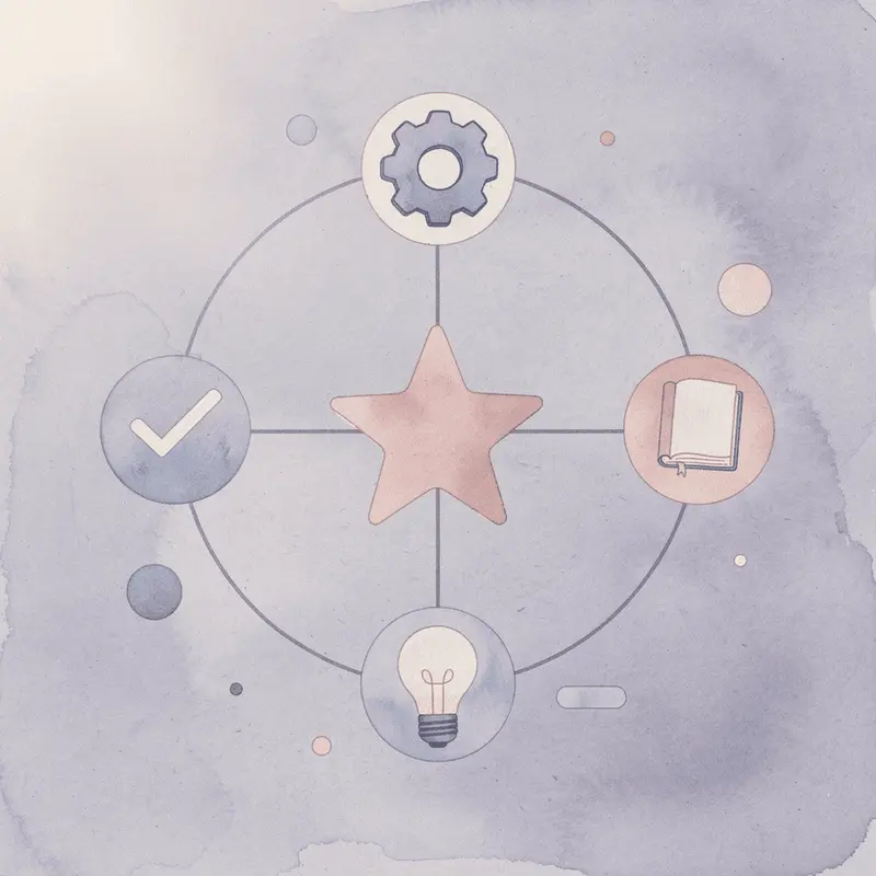 Care ecosystem diagram showing safety at center with provider evaluation, pharmacy, monitoring, and checkmarks