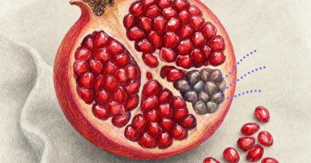 Halved pomegranate on linen with a few dulled seeds gently marked by dotted lines