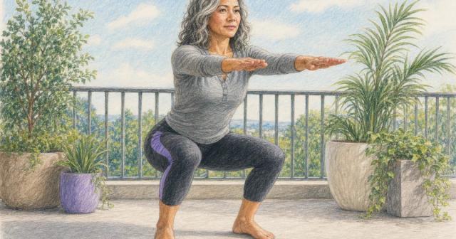 Woman holding a strong squat on a sunlit balcony