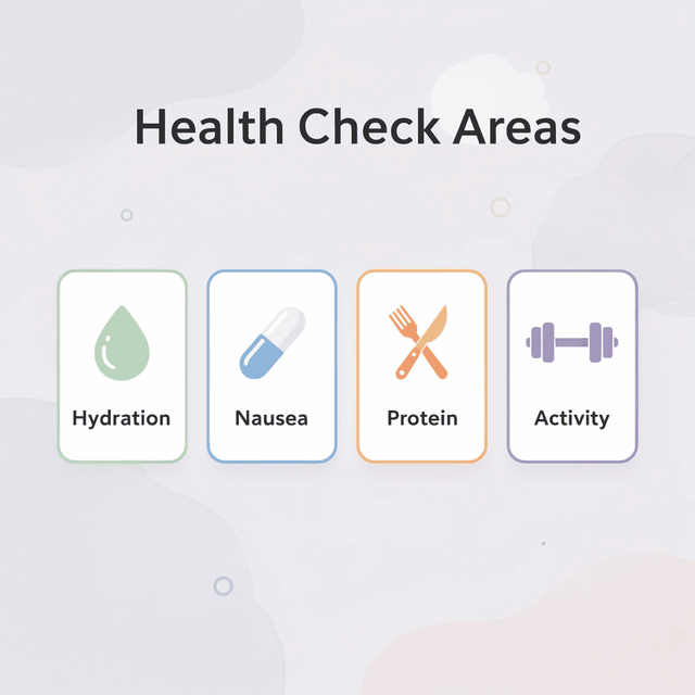 Four cards showing key health check areas for GLP-1 users
