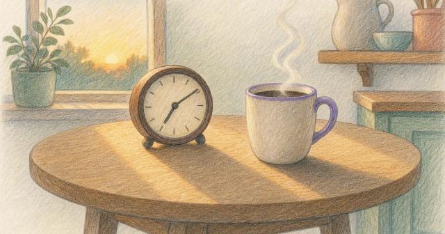 Dawn table with a clock at an early hour and a steaming coffee mug