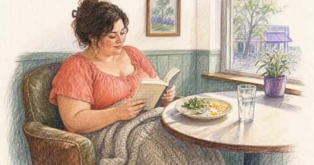 Person reading a book in an armchair with a blanket at a sunlit breakfast table with eggs and water