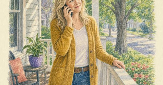 Person on a sunny porch listening on the phone, one hand on the railing
