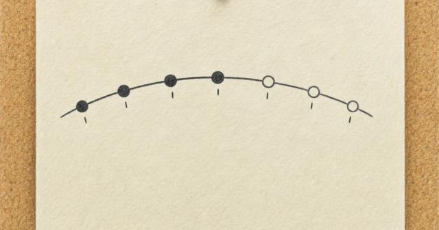 Hand-drawn arc on pinned paper with seven circles, four filled and three open