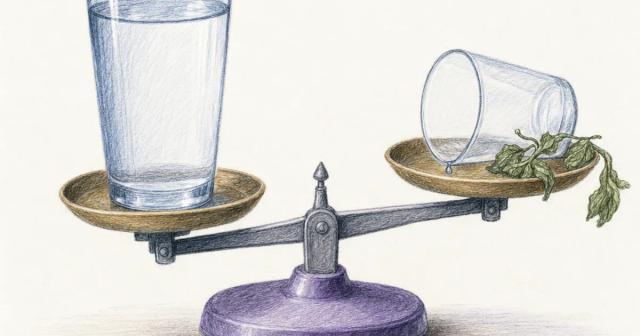 Balance scale weighing a full glass of water against a tipped-over empty glass