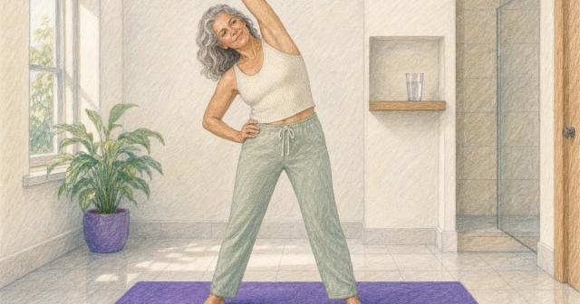 Woman doing a gentle stretch on a mat by a spare bathroom shelf