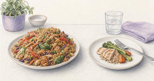 Large rushed portion beside a small plate with fork set down
