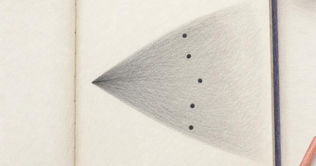 Hand-drawn sketch of a narrow point widening into a shaded wedge with scattered dots inside