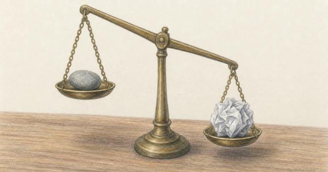 A brass balance scale tilted with a stone in one pan and crumpled paper in the other