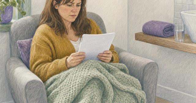 Person under a blanket in an armchair reading printed pages beside a spare bathroom shelf