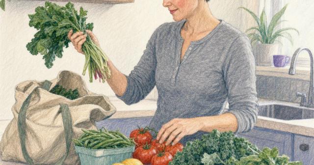 Woman unpacking market greens and vegetables onto her kitchen counter in morning light