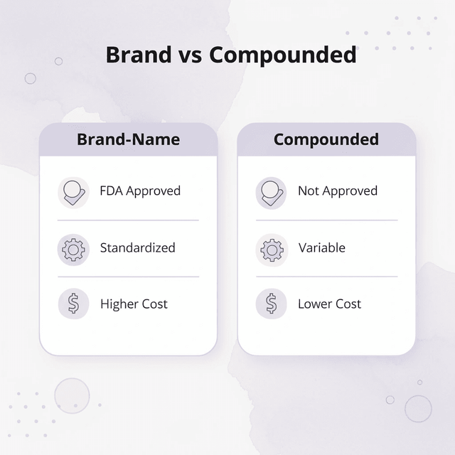 Comparison chart showing differences between brand-name and compounded tirzepatide