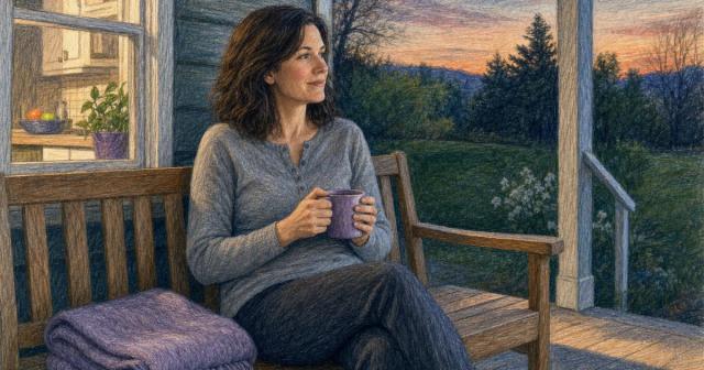 Woman on a porch bench at dusk holding a warm mug and looking out at the quiet yard