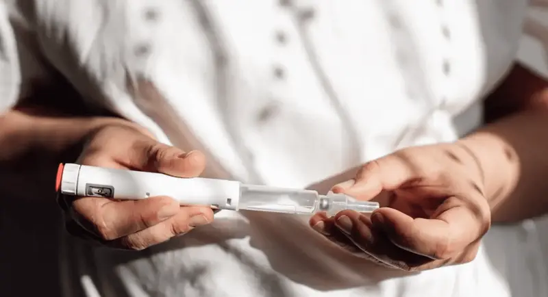Person holding a medical injection pen - Does Semaglutide Cause Hair Loss