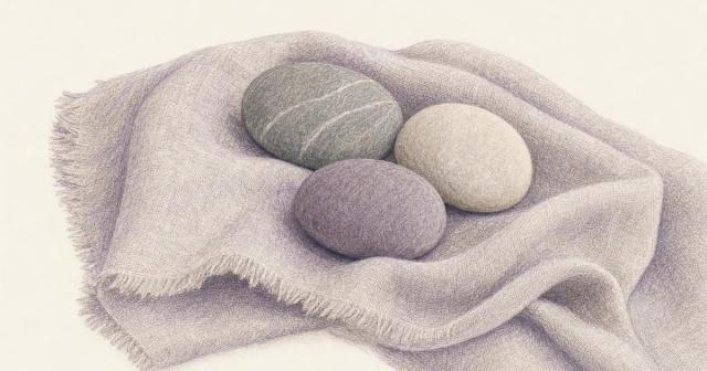Three smooth pebbles arranged in a row on soft linen