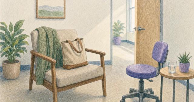 Empty consultation room chair with a cardigan over the back and a bag on the seat, door ajar