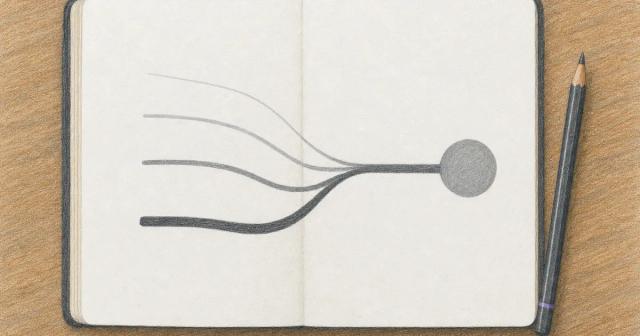 Pencil sketch of four thin lines merging into one thicker line ending in a grey circle