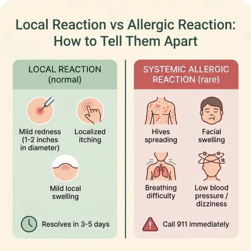 Side-by-side infographic comparing a local injection-site reaction (mild redness, localized itching, mild local swelling — resolves in 3 to 5 days) versus a systemic allergic reaction (hives spreading, facial swelling, breathing difficulty, low blood pressure — call 911 immediately)