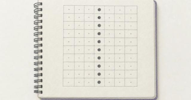 Hand-drawn calendar grid with small faint dots and one bold dot repeating in each row