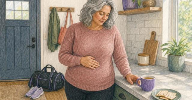 Woman pausing at her kitchen counter with crackers and tea, a gym bag by the door