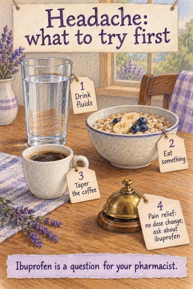 Four numbered steps for a headache: fluids, food, tapering coffee, and asking about pain relief.