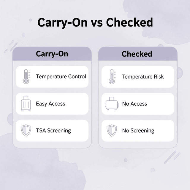 Comparison infographic of carry-on versus checked luggage for medication