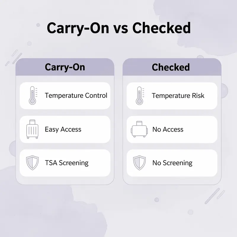 Comparison infographic of carry-on versus checked luggage for medication