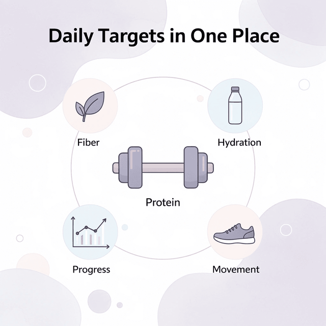 Hub and spoke diagram showing MeAgain at center connecting daily habit targets, including protein, fiber, hydration, movement, and progress