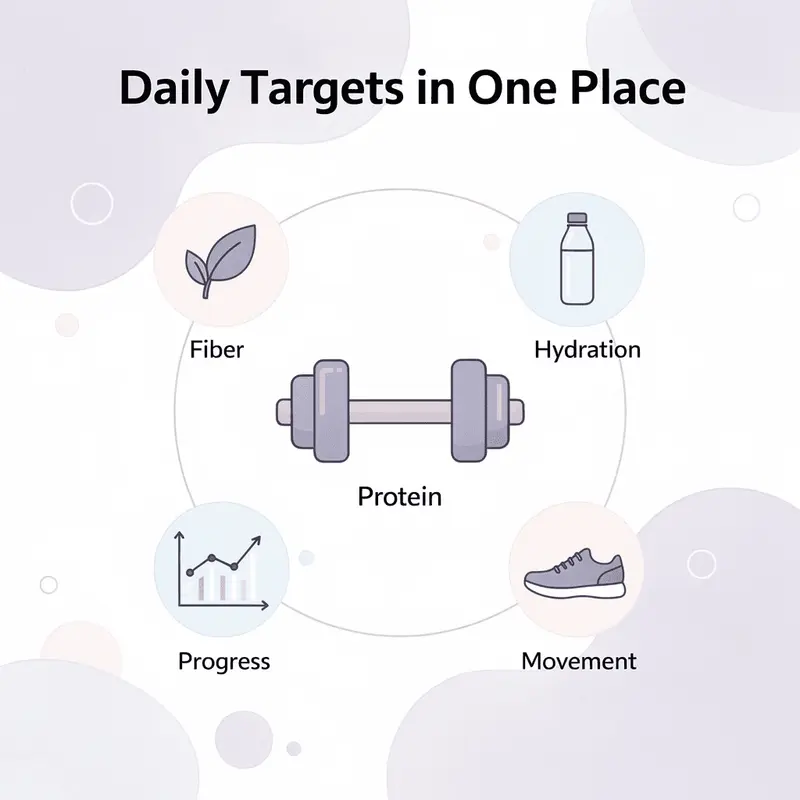 Hub and spoke diagram showing MeAgain at center connecting daily habit targets, including protein, fiber, hydration, movement, and progress