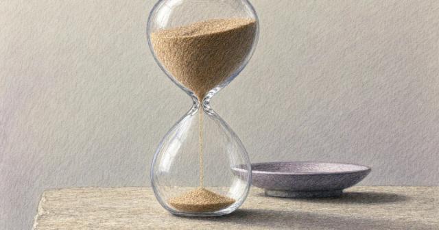An hourglass with sand barely trickling through its narrow neck on a stone shelf