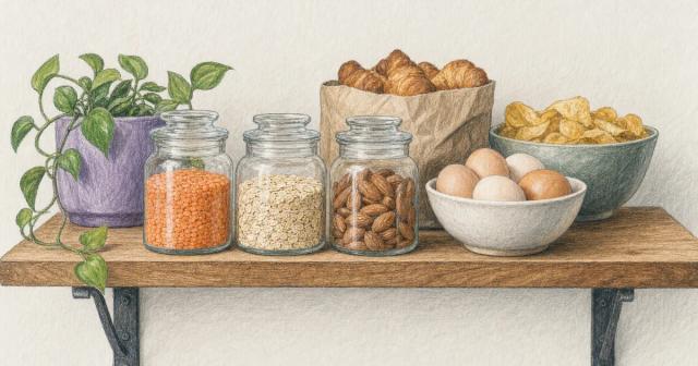 Kitchen shelf with jars of lentils and nuts in front and pastries and chips at the back