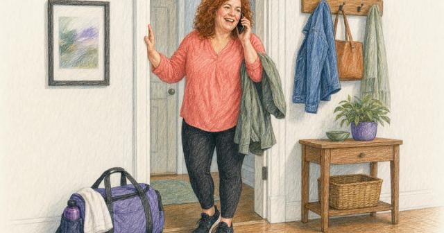 A woman standing in an entryway talking warmly on the phone with a packed gym bag at her feet