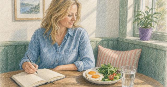A person pausing mid-note in a notebook beside breakfast at a sunlit cafe table