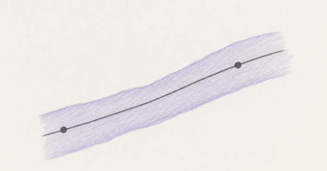 Hand-drawn rising line inside a soft shaded band with two dots at different heights