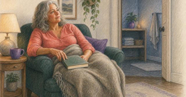 Person in an armchair under a blanket pausing mid-read, bathroom shelf beyond