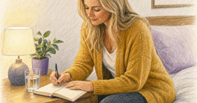 Person writing in a notebook at a bedroom nightstand in evening lamplight