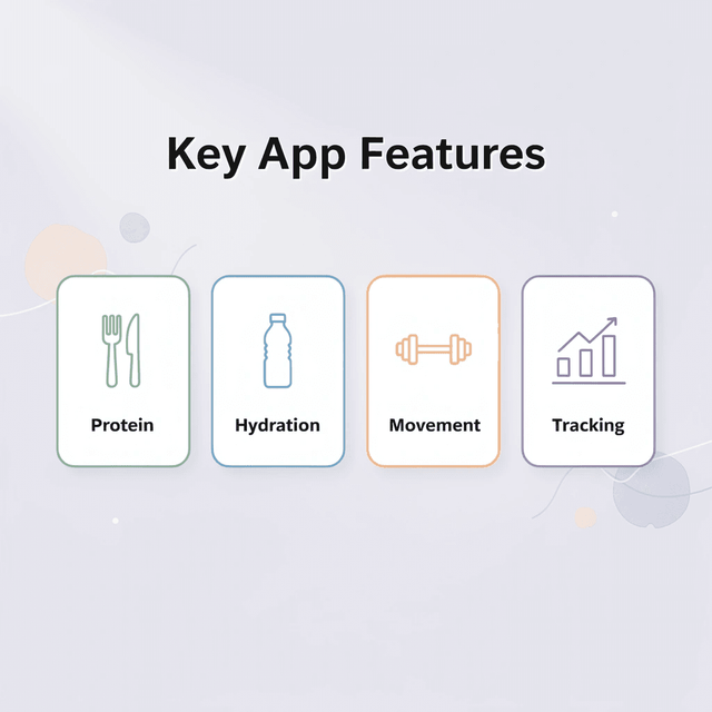 Four key app features: protein, hydration, movement, and tracking