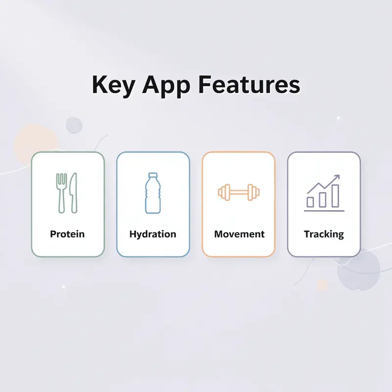 Four key app features: protein, hydration, movement, and tracking