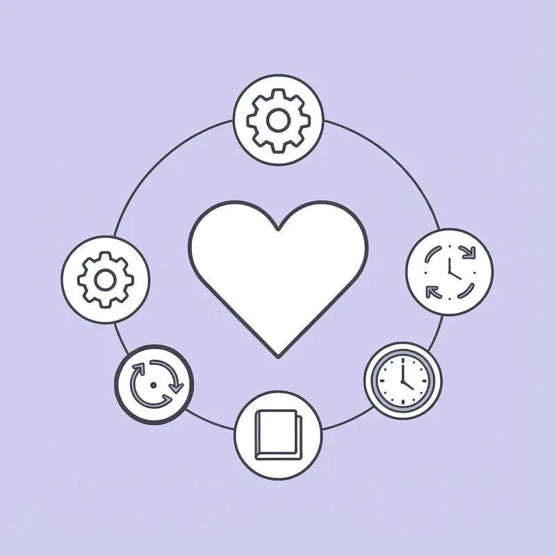 Four interconnected tracking elements - doses, nutrition, hydration, and exercise - surrounding a central health goal icon