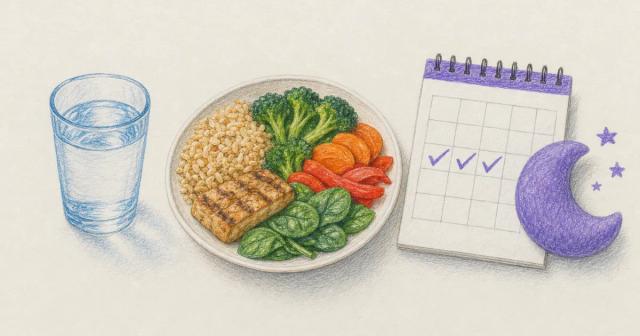 Water glass, plate of food, and calendar with moon icon in a row