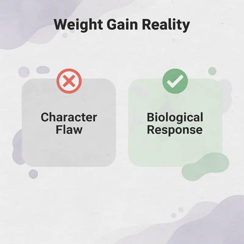 Before and after comparison showing weight gain as a biological response, not a character flaw