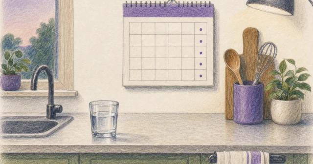 A wall calendar with a repeating weekly mark above a glass of water