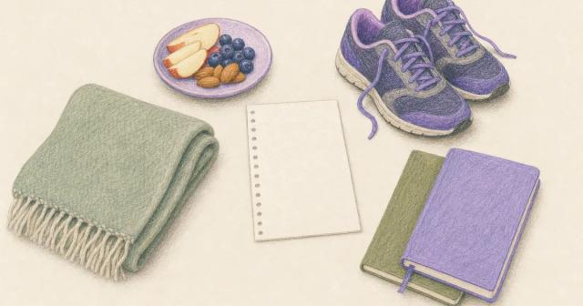 Everyday objects arranged pointing inward toward one blank planning page.