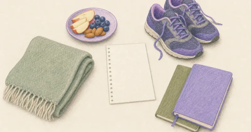 Everyday objects arranged pointing inward toward one blank planning page.