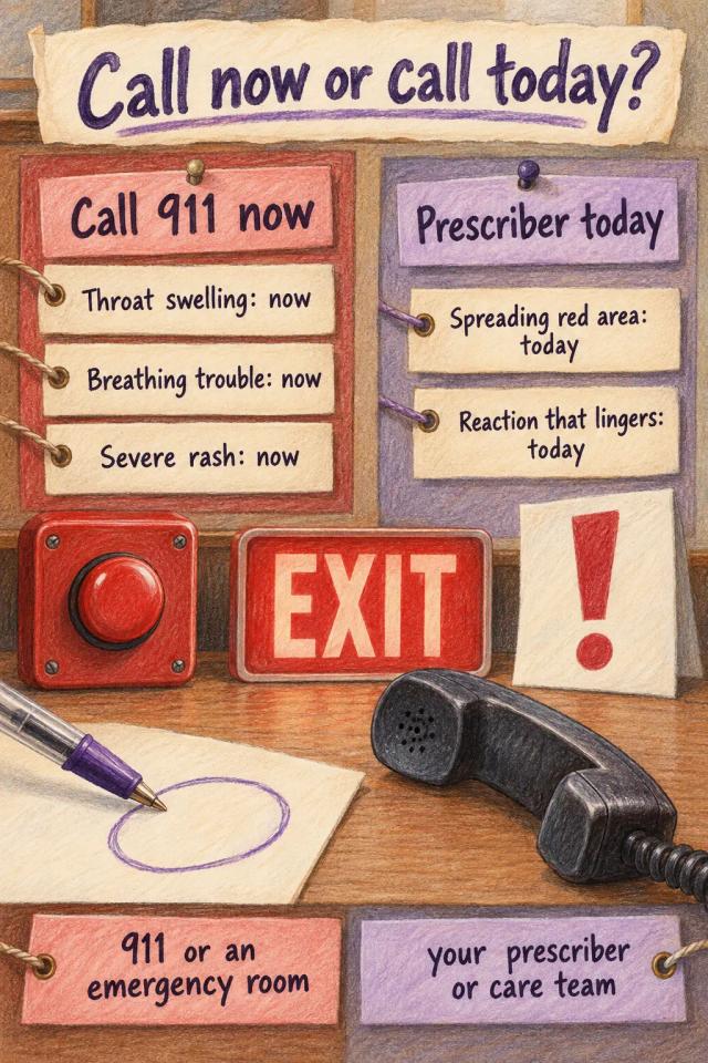 Two columns separating injection site signs that mean call 911 now from signs that mean calling your prescriber today.