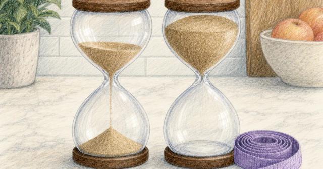 Two hourglasses side by side, one with sand flowing and one stalled