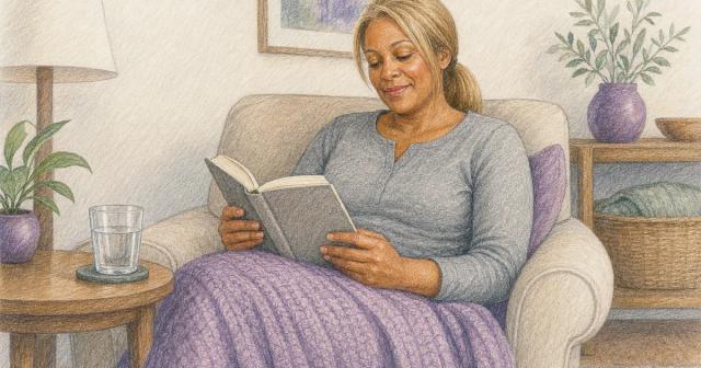 Woman reading in an armchair under a blanket with water nearby