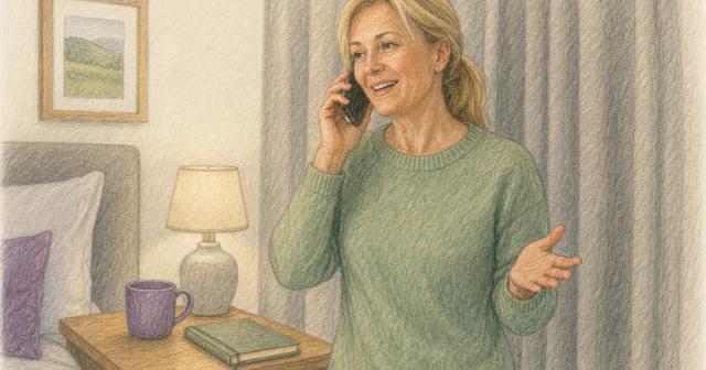 Woman standing by a bedroom nightstand talking warmly on her phone in evening light