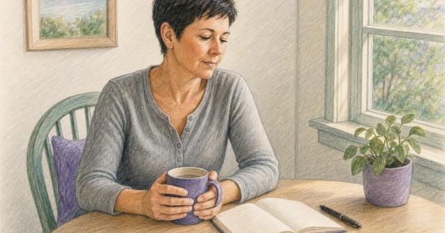 A woman pauses with a warm mug at a sunlit window table, thinking